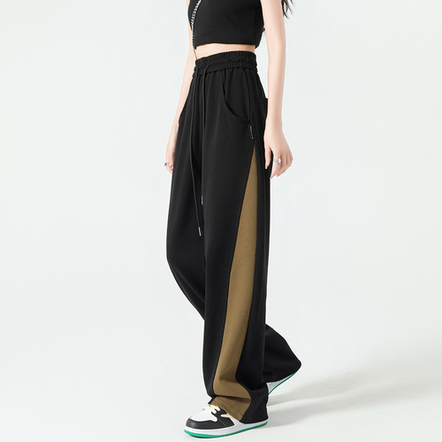 Women's Spring and Summer Splicing Contrast Wide Leg Sport Pants, Narrow Version High Waist Loose Plus Size Banana Pants Casual Straight Leg Sweatpants