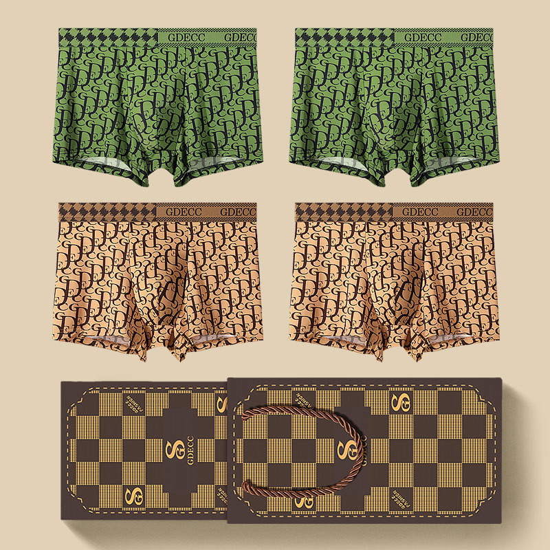 2023 Sommer dünne Herrenunterwäsche antibakterielle und atmungsaktive Eisseide personalisierte bedruckte kurze Shorts und Shorts 4-teilige Geschenkbox_voghion.com