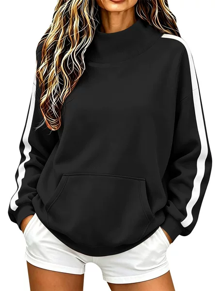 2026 Cross-Border European and American Autumn/Winter New Women's High-Neck Ribbed Sweatshirt Loose Casual Sporty Style Sweatshirt with Sleeve Stripes for Women