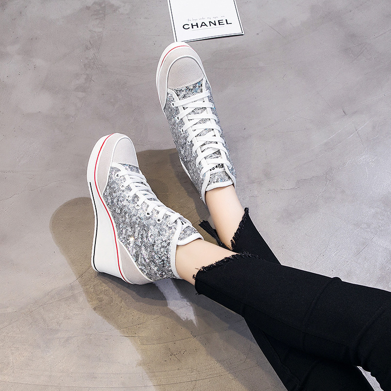 2021 New K-Style 8cm Heightening Canvas Shoes Wedge Shoes Sequined Lace-Up Platform Sole Casual Thick-Soled High-Top Shoes 2021 New K-Style 8cm Heightening Canvas Shoes Wedge Shoes Sequined Lace-Up Platform Sole Casual Thick-Soled High-Top Shoes