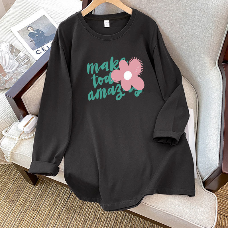 純綿長袖tシャツ女性秋新作韓国版ins潮オリジナルデザイン感プリント超美しいシャツ上着|undefined