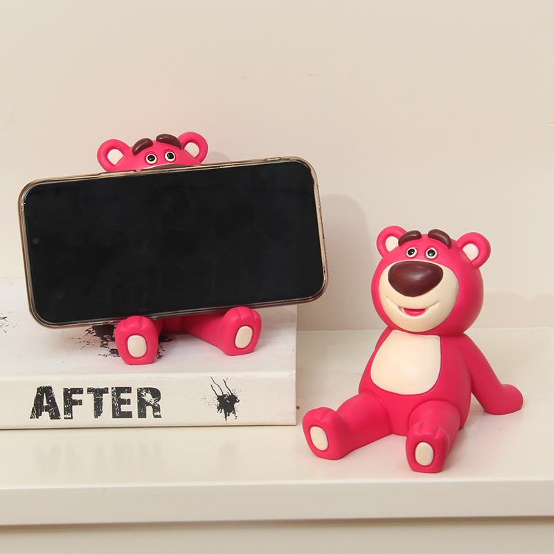 创意树脂草莓熊手机架桌面可爱卡通摆件平板支架少女心手机架礼物