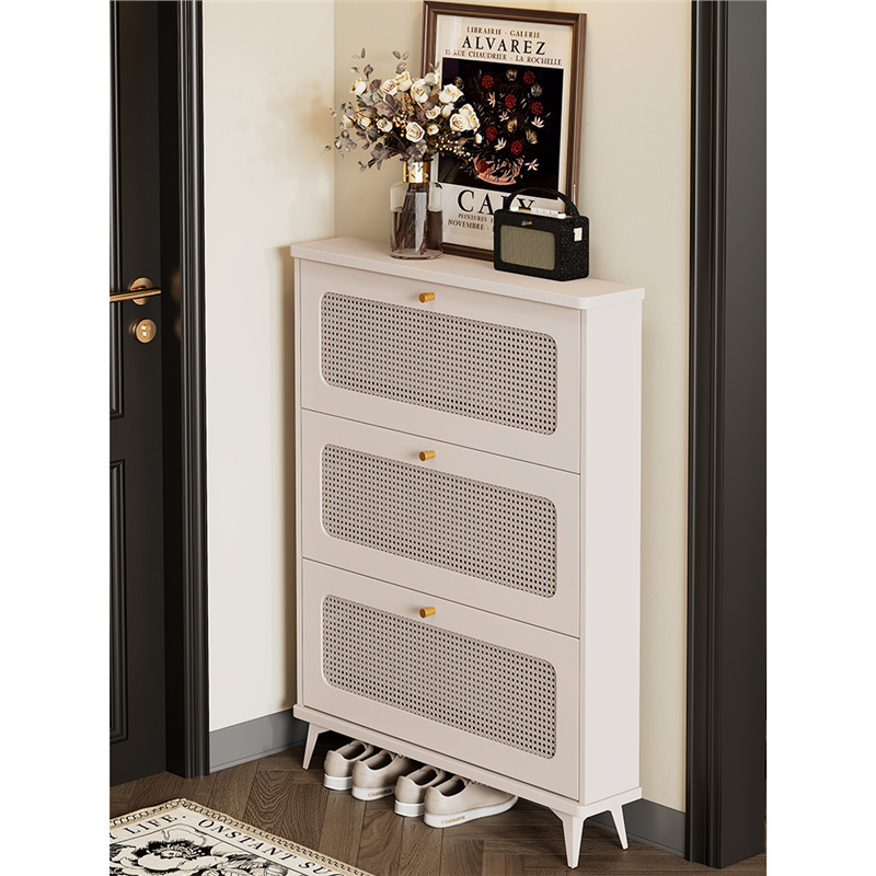 Ultra-Thin Shoe Cabinet for Home Entrance, Trendy Vintage Rattan Entryway Cabinet, Integrated Wall-Mounted Narrow Shoe Rack