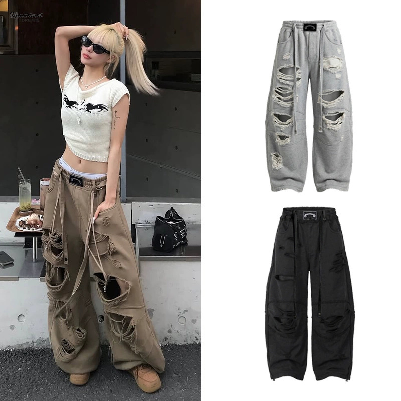 Badblood Bcac Series American-Style Loose Wide-Leg Pants with Ripped Edges and Drawstring, Workwear-Style Casual Pants Badblood Bcac Series American-Style Loose Wide-Leg Pants with Ripped Edges and Drawstring, Workwear-Style Casual Pants