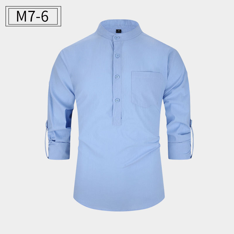 Amazon tamaño europeo camisa de los hombres algodón Henley camisa soporte collar camisa Lino los hombres manga larga fábrica directa en stock camisa