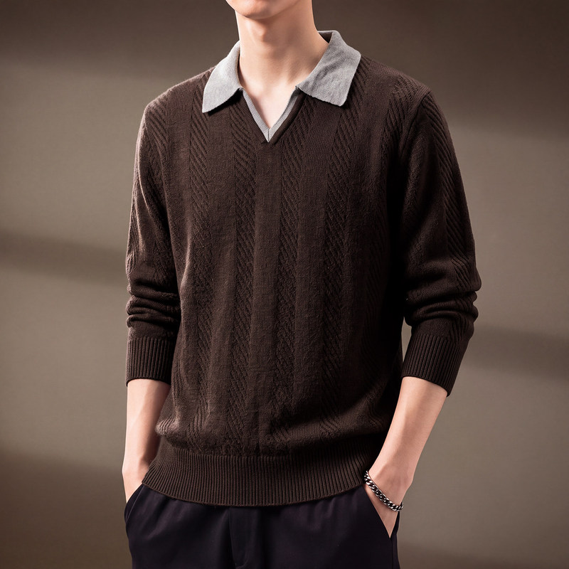 "Old Money Cabinet" high-end patchwork textured knit sweater for men, casual autumn sweater with a faux two-piece design, base layer "Old Money Cabinet" high-end patchwork textured knit sweater for men, casual autumn sweater with a faux two-piece design, base layer
