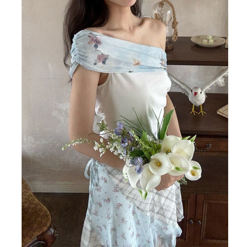 松弛感高弹多穿一字肩荡领满印抹胸修身褶皱T恤短袖女+半身裙套装|undefined