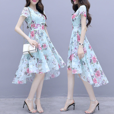029 women's summer new summer forest series irregular slimming printed milk silk dress