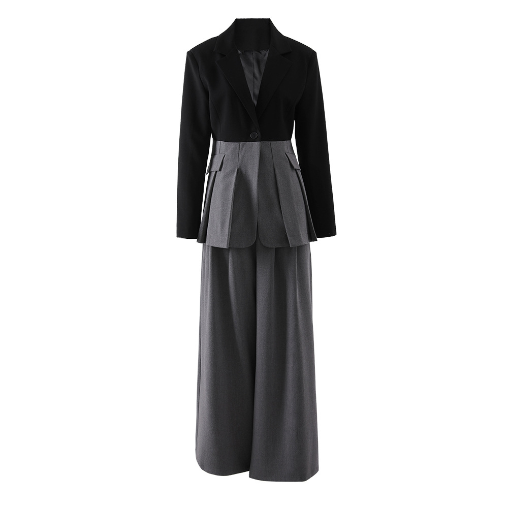 Women's Clothing commuting professional two piece suit for women, new spring style contrast color ruffled suit jacket, high waist straight pants suit_voghion.com