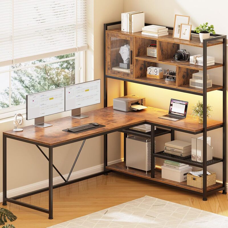 Modern minimalist L-shaped computer desk, writing desk, gaming table with power strip, lamp, storage rack, and open shelves Modern minimalist L-shaped computer desk, writing desk, gaming table with power strip, lamp, storage rack, and open shelves