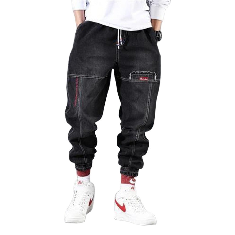 Estilo coreano ropa de trabajo jeans hombres de moda color claro pantalones de hip hop sueltos pantalones atados al tobillo jóvenes pantalones harén flacos hombres