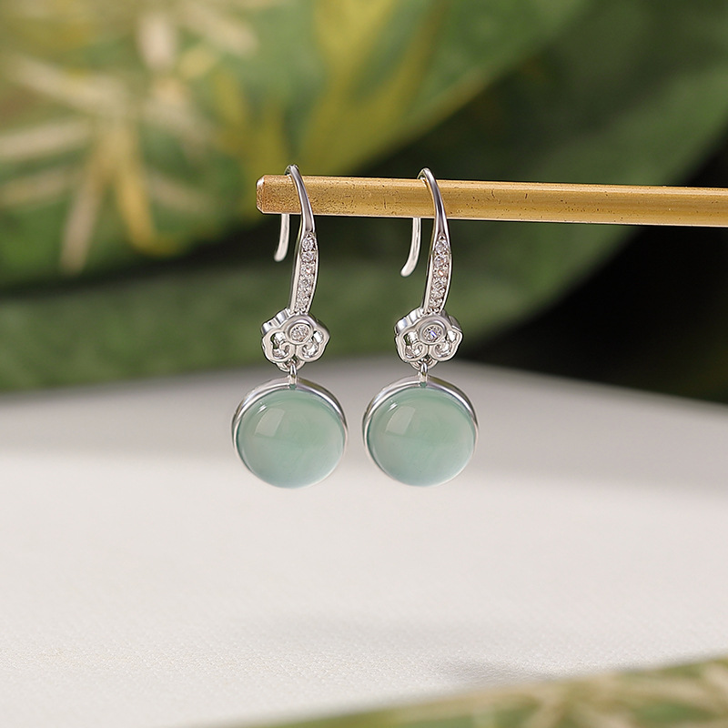Khuyên tai bạc S925 hình móc câu đính ngọc bích lam thủy phỉ thúy hạt tròn hình học phong cách tân trung hoa — Phong cách 1