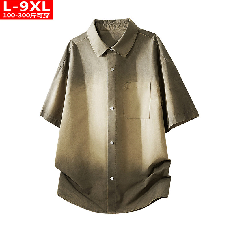 Summer Hong Kong Style Men's Fashion Gradient Square Collar Short-Sleeved Shirt for Fat Men Plus Size Loose Casual Shirt