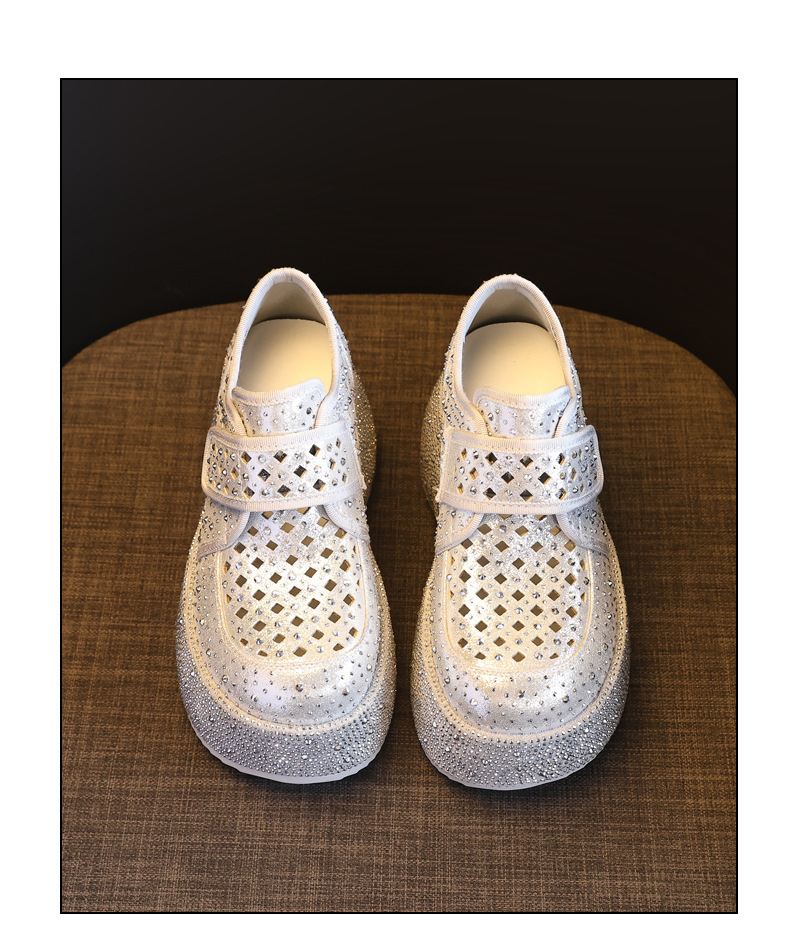 Giày sneaker nữ đế dày tăng chiều cao, phối đá rhinestone, quai magic stick, mùa hè 2026 — màu đen, bạc chi tiết 19