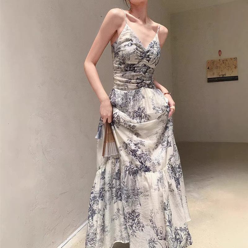 Sleeveless Suspender Dress for Women 2026 Summer New Design Ink Painting Style Waist-Cinching Slimming Long Dress Floral Polyester Sleeveless Suspender Dress for Women 2026 Summer New Design Ink Painting Style Waist-Cinching Slimming Long Dress Floral Polyester