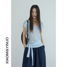 【OVVAN】韩系竹节麻前长后短绑带针织衫女夏设计感短袖上衣2950