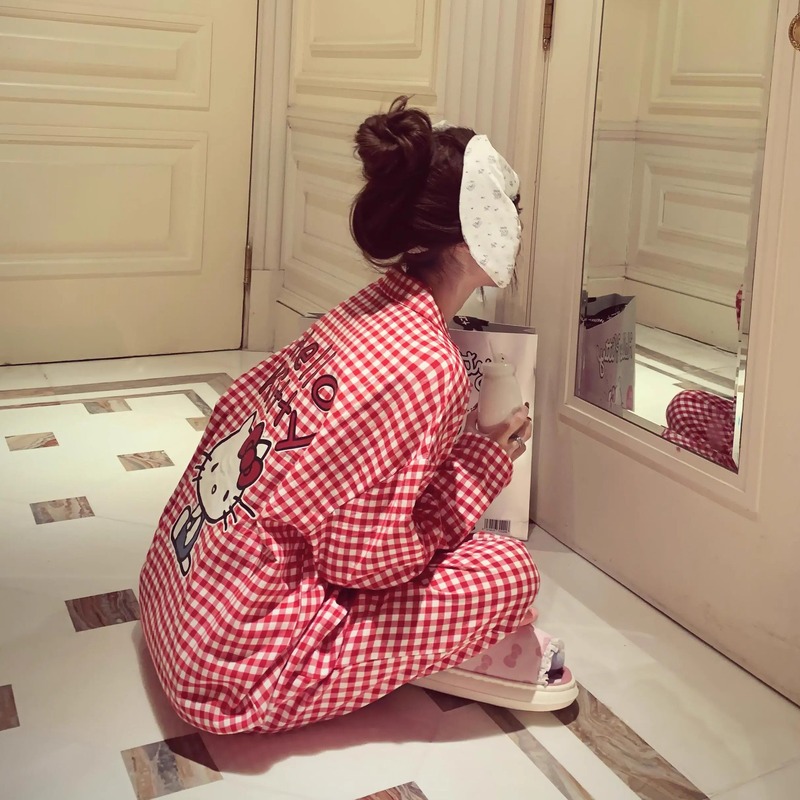 可爱凯蒂猫印花长袖睡衣女春秋款2025年新款格纹家居服套装可外出|undefined