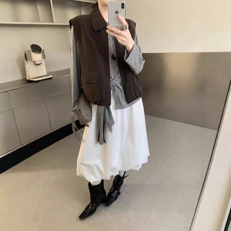 2025 Quality Autumn Women's Korean Style Simple Zipper Flap Pocket Pants Polo Collar Casual Nubuck Leather Vest 25619