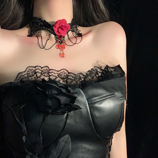 Rose Flower Necklace Lace Collar Halloween Necklace Niche Choker Tassel Pendant Clavicle Chain