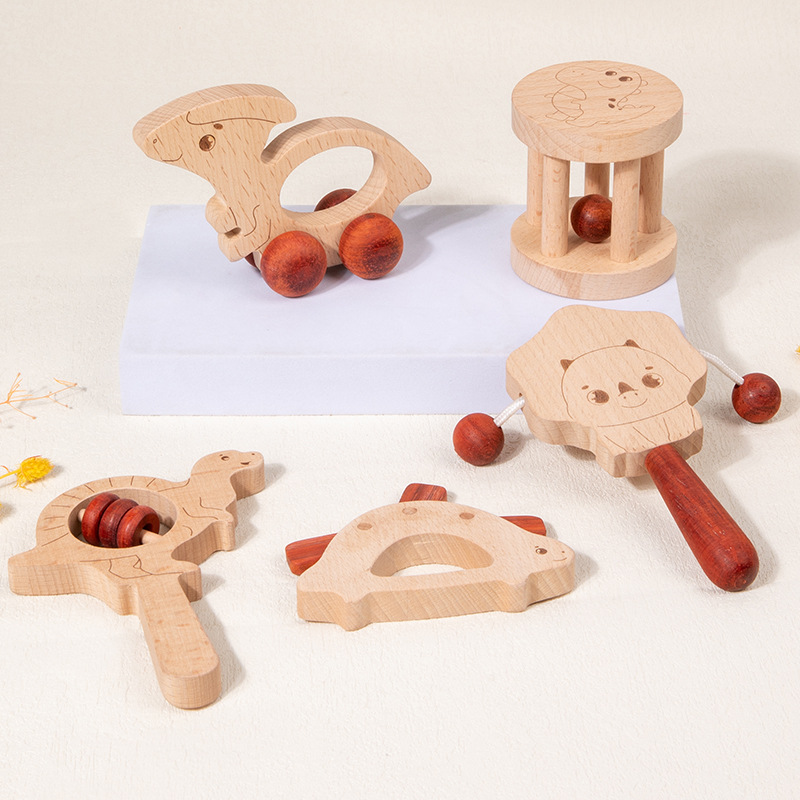 Juego de sonajeros de mano de dinosaurio de madera para bebés, campanas de cama para recién nacidos, música, educación temprana, rompecabezas, instrumentos musicales, juguetes