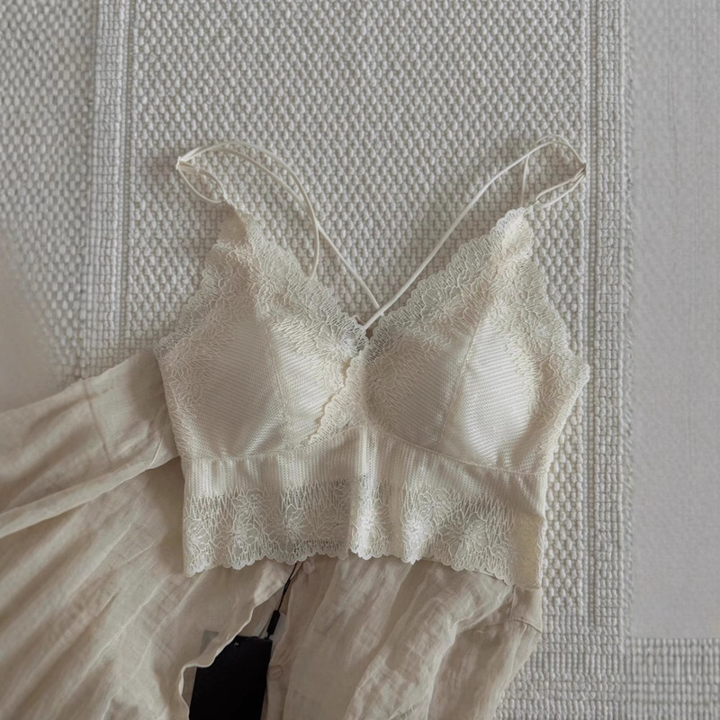 French Lace Women's Seamless Camisole Cross-Back Underwear Women's Spaghetti Straps Summer Thin Breathable Bra
