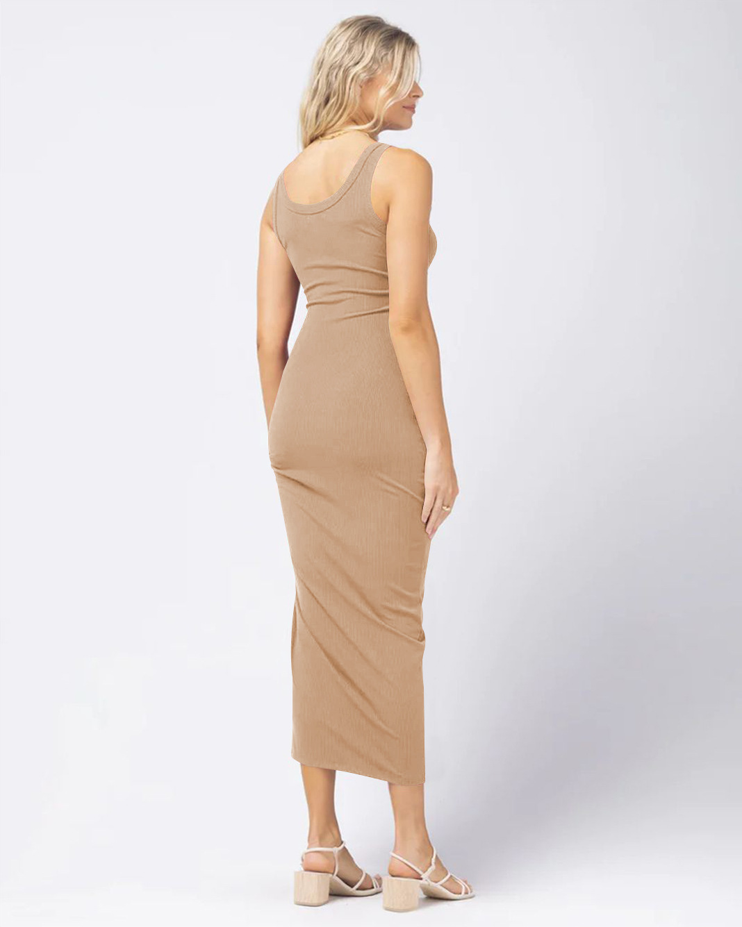 Fashion Solid Color U Neck Sleeveless Slit Spandex Midi Dress Sheath Dress