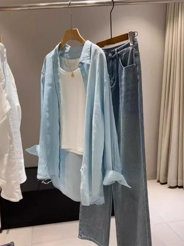 夏の女性用フレンチホワイトリネンシャツ、薄手でゆったりとした気質、オールドマネースタイルの高級コットンとリネンのシャツ、日焼け止めトップス|undefined