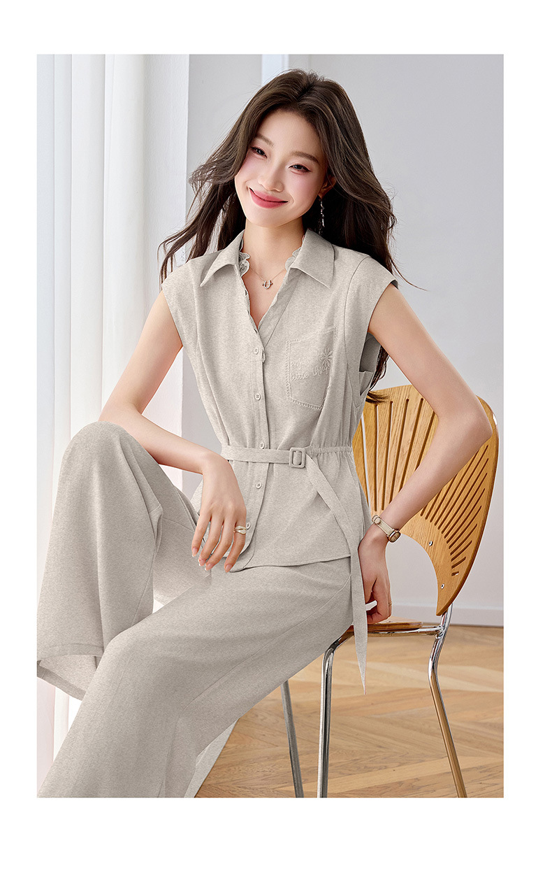 Bộ quần áo nữ mùa hè cao cấp gồm áo sơ mi dây rút và quần ống rộng — Xám gạo, Màu hồng chi tiết 20
