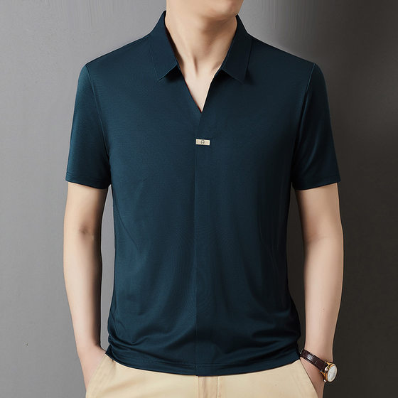 Cross-border New Ice Silk Short-sleeved Summer Men's Half-sleeved Polo Shirt T-shirt Solid Color Casual Business Breathable V-neck Top