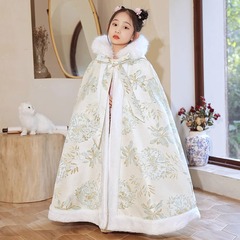 Girls' Hanfu-style Cloak for Kids, Long-length Windproof Outdoor Cloak, Fleece-lined and Thick, Children's Warm Winter Overcoat