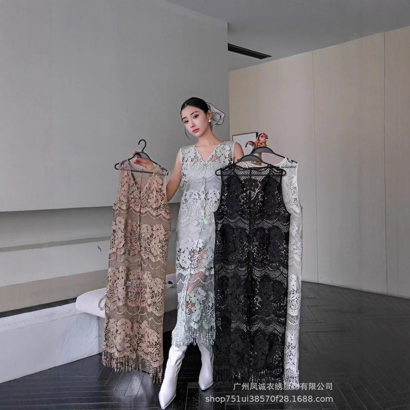 French Resort Style Long Sweater Dopamine Lace Hollow Crochet Blouse for Women to Wear When Traveling