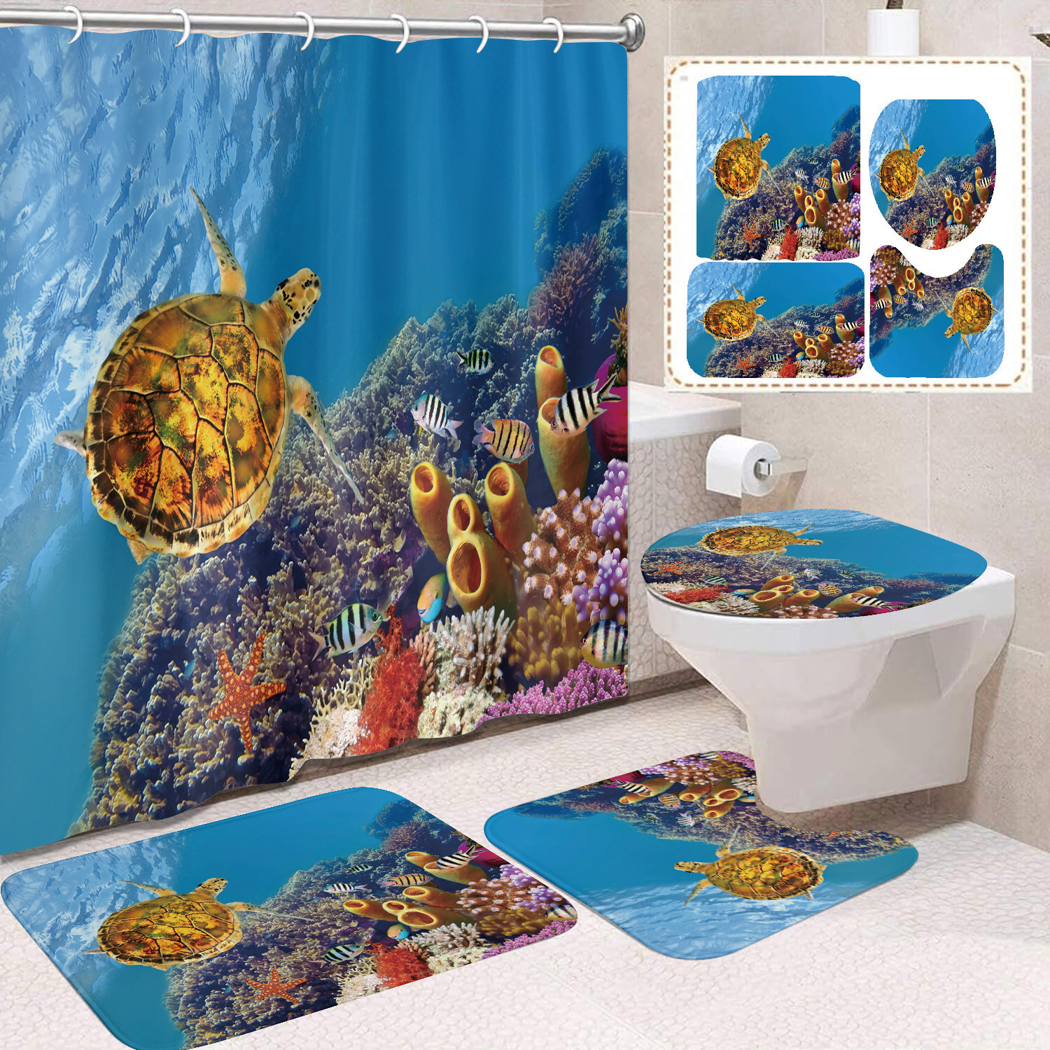 Cortina de ducha transfronteriza con diseño de delfines azules, estampada digitalmente, de poliéster, sin perforaciones, para baño, decoración del hogar image 9