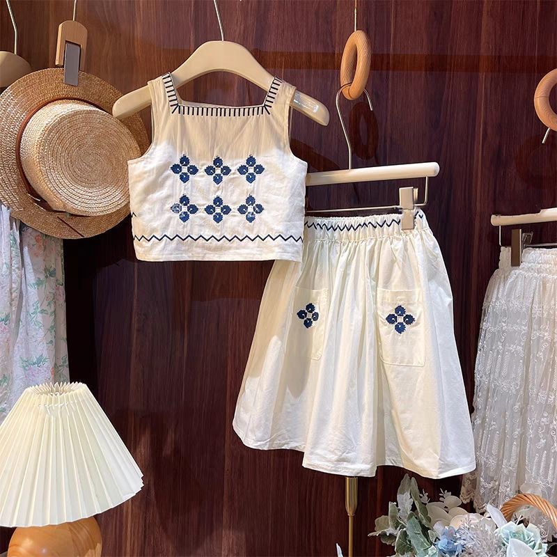 77287 夏季度假風套裝女寶文藝刺繡背心裙子暑假海邊遊玩兩件套裝