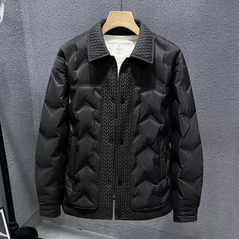 冬季新款潮牌翻领羽绒服男短款宽松麦穗衬衫领白鸭绒保暖外套