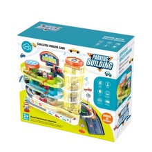 中號汽車大樓配4大車帶有燈光音樂電動功能兒童軌道車停車場玩具