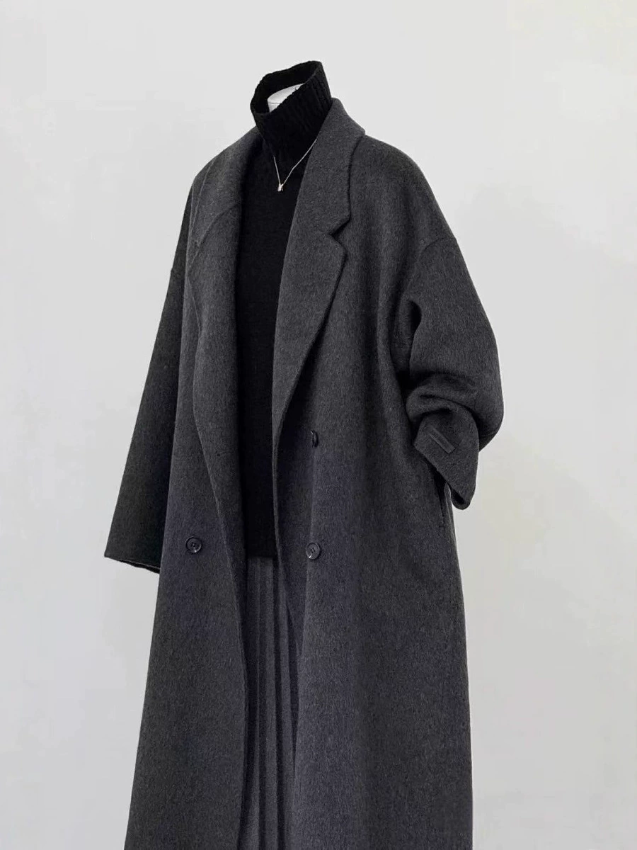 Double-faced Long Wool-Cashmere Coat, Korean Style, Fitted Demi-Season, Longline