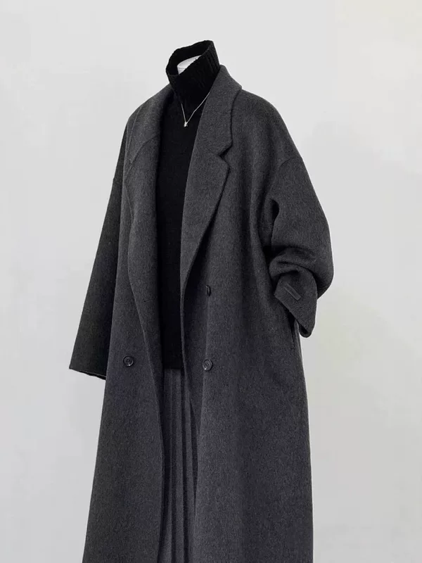 Double-faced Long Wool-Cashmere Coat, Korean Style, Fitted Demi-Season, Longline