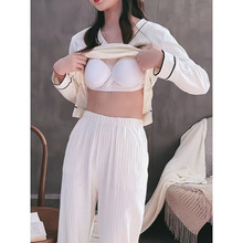 带胸垫春秋季睡衣女加大码韩版防走光长袖长裤加肥宽松家居服套装