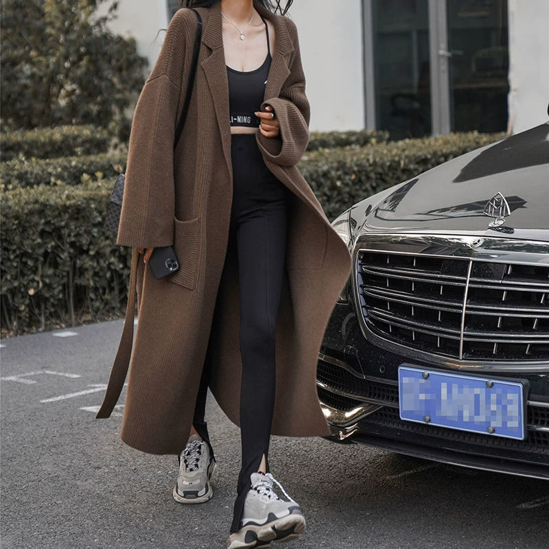 Осенний длинный свитер, куртка 202, женский осенний новый ленивый высококачественный свободный темпераментный костюм с воротником, вязаный кардиган