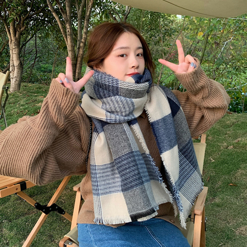 Sciarpa a quadri blu bianco super morbida per le donne in autunno inverno, spessa e calda, sciarpa in imitazione cashmere, coreana_voghion.com