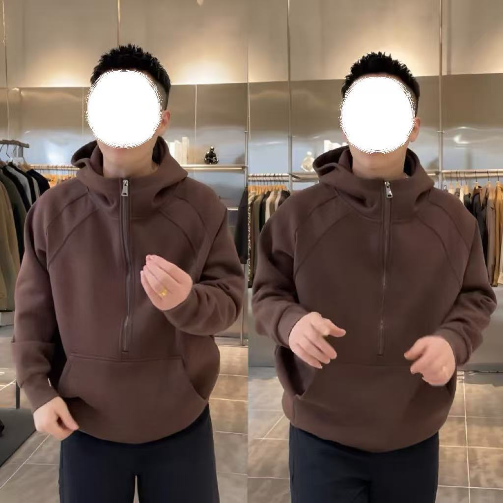 秋冬新款加绒加厚半拉链连帽卫衣男潮牌拼接宽松百搭保暖休闲上衣