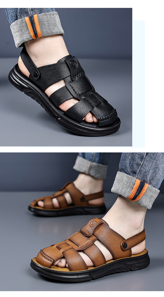 Dép sandal nam cỡ lớn mũi kín đế dày, giày đi biển kiêm dép lười đa năng — Màu nâu, màu vàng, màu đen chi tiết 23