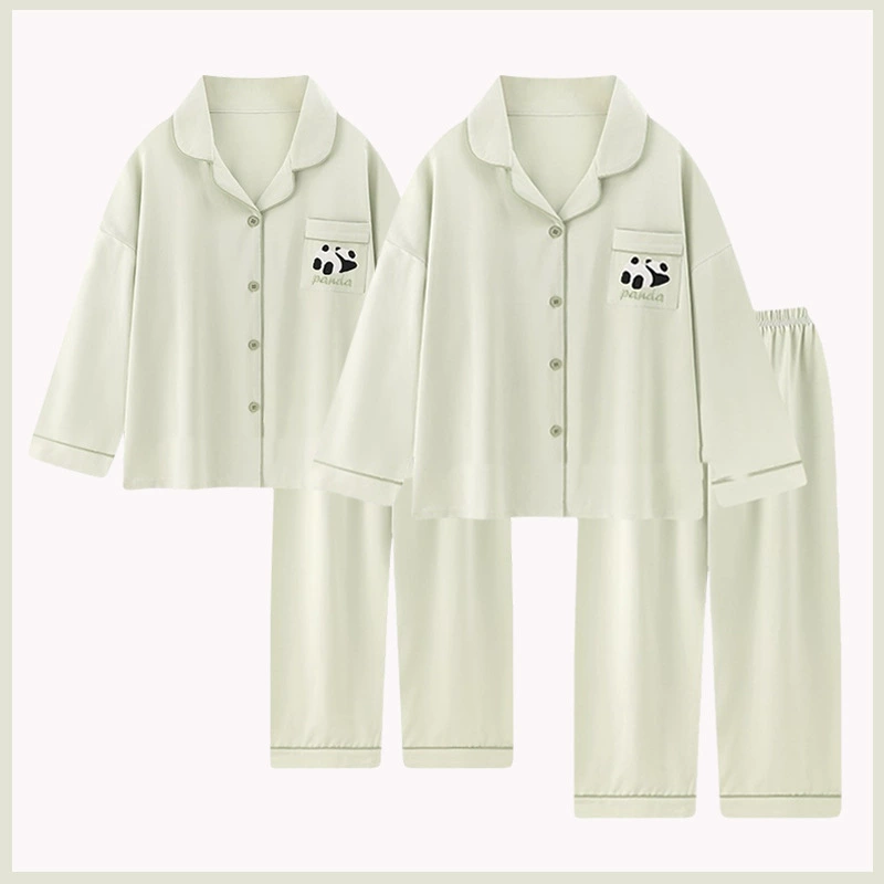Матча зеленый свежий простой панды хлопчатобумажная пара пижама женская весна и осень длинный рукав костюм мужской большой размер домашней одежды