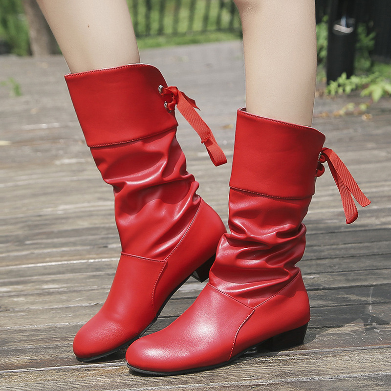 Women Round Toe Low Heel Lace Up Motorcycle Pumps Casual Pleated Calf Boots UN10785