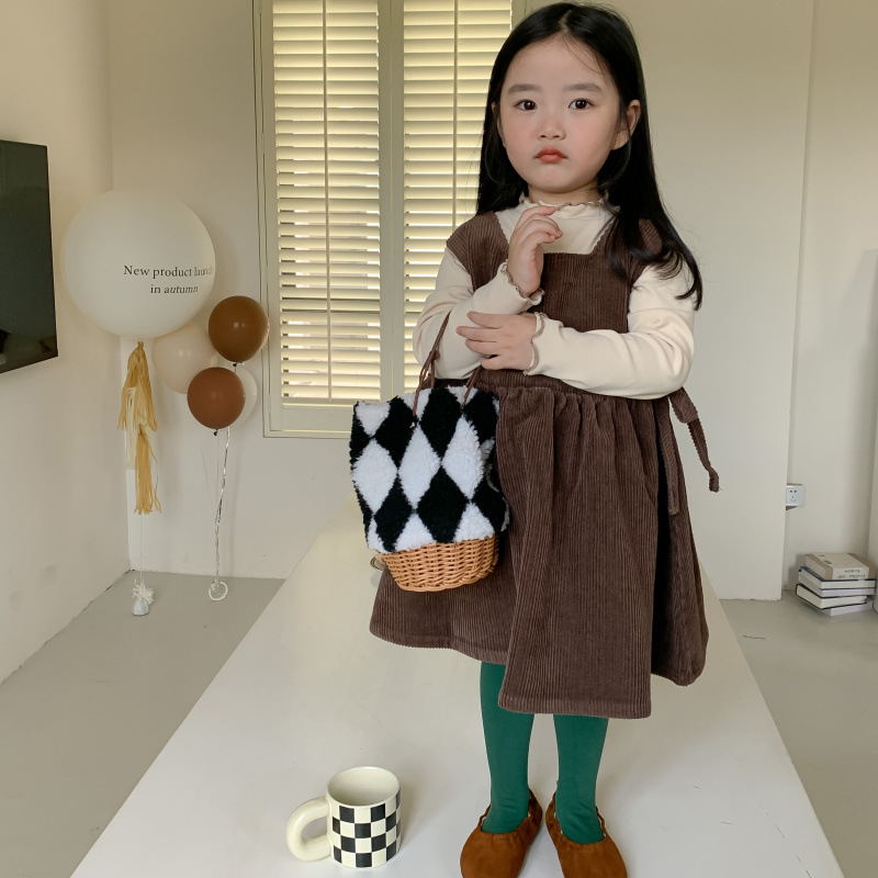 Children's Strap Autumn New Korean Edition Corduroy Skirt Girl's Loose Versatile Casual Bottom Two Piece Set_voghion.com
