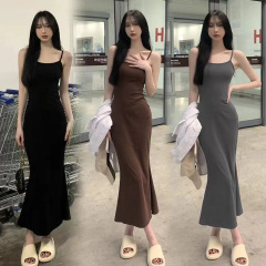 2025 甘いホットガールノースリーブウエストバックレスサスペンダードレス女性の夏の純粋な欲望気質フィッシュテールヒップスカート