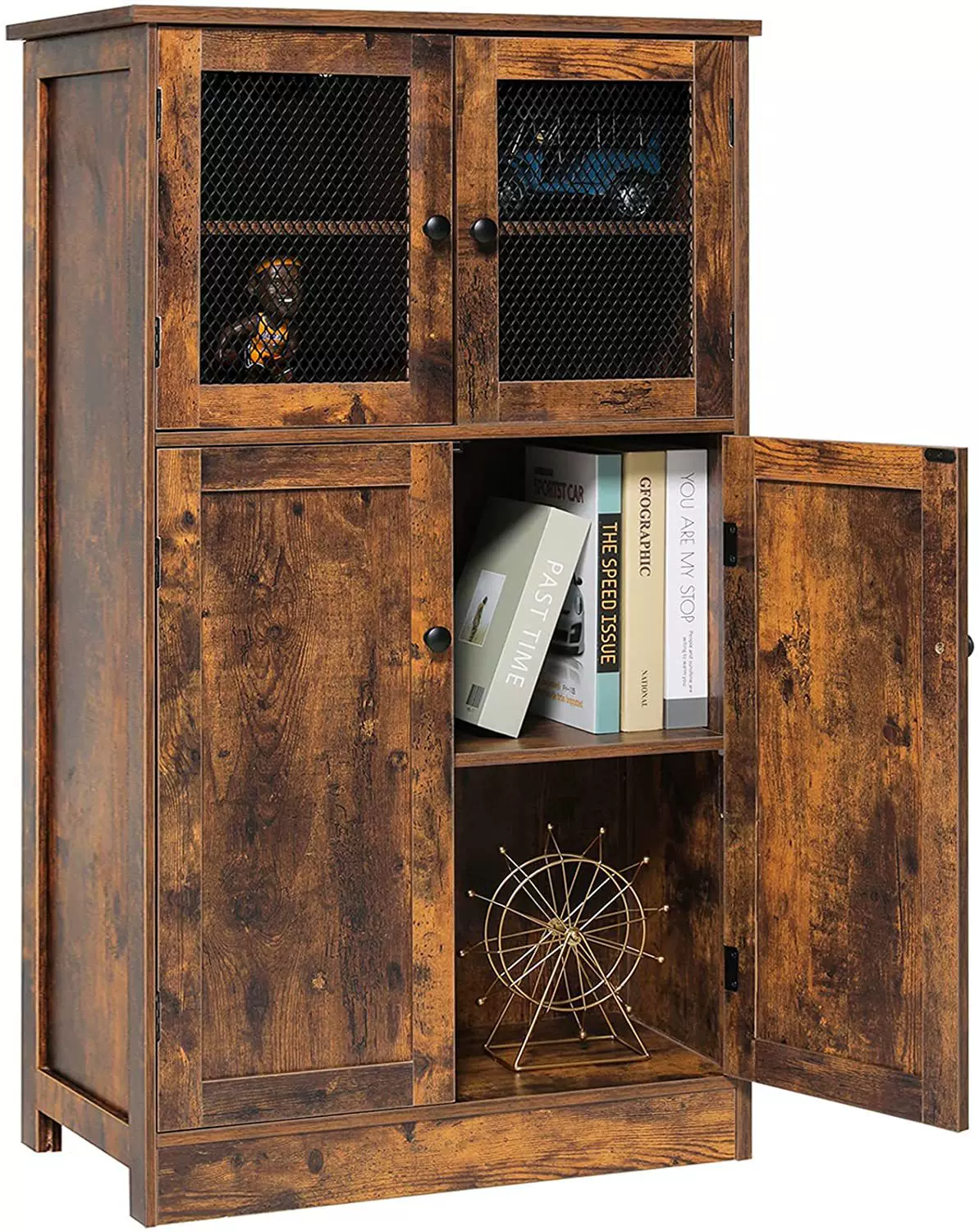 大号储物柜带4门复古棕色地柜带可调节搁板厨房家具储物空间大