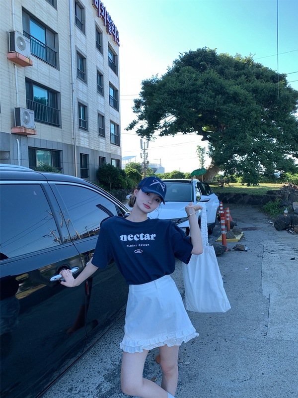 美式休闲运动风时尚套装女夏季2025新款圆领短袖显瘦半身裙两件套|undefined
