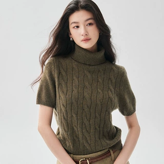 2026秋冬新款山羊绒针织扭花短袖女高翻领加厚老钱风百搭上衣