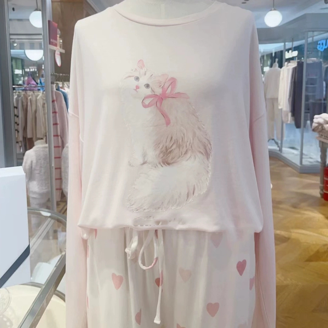 Japanese-Style Soft New Ice Cream Modal Pajamas for Women, Spring and Autumn Cartoon Cat Long-Sleeve Loungewear Set